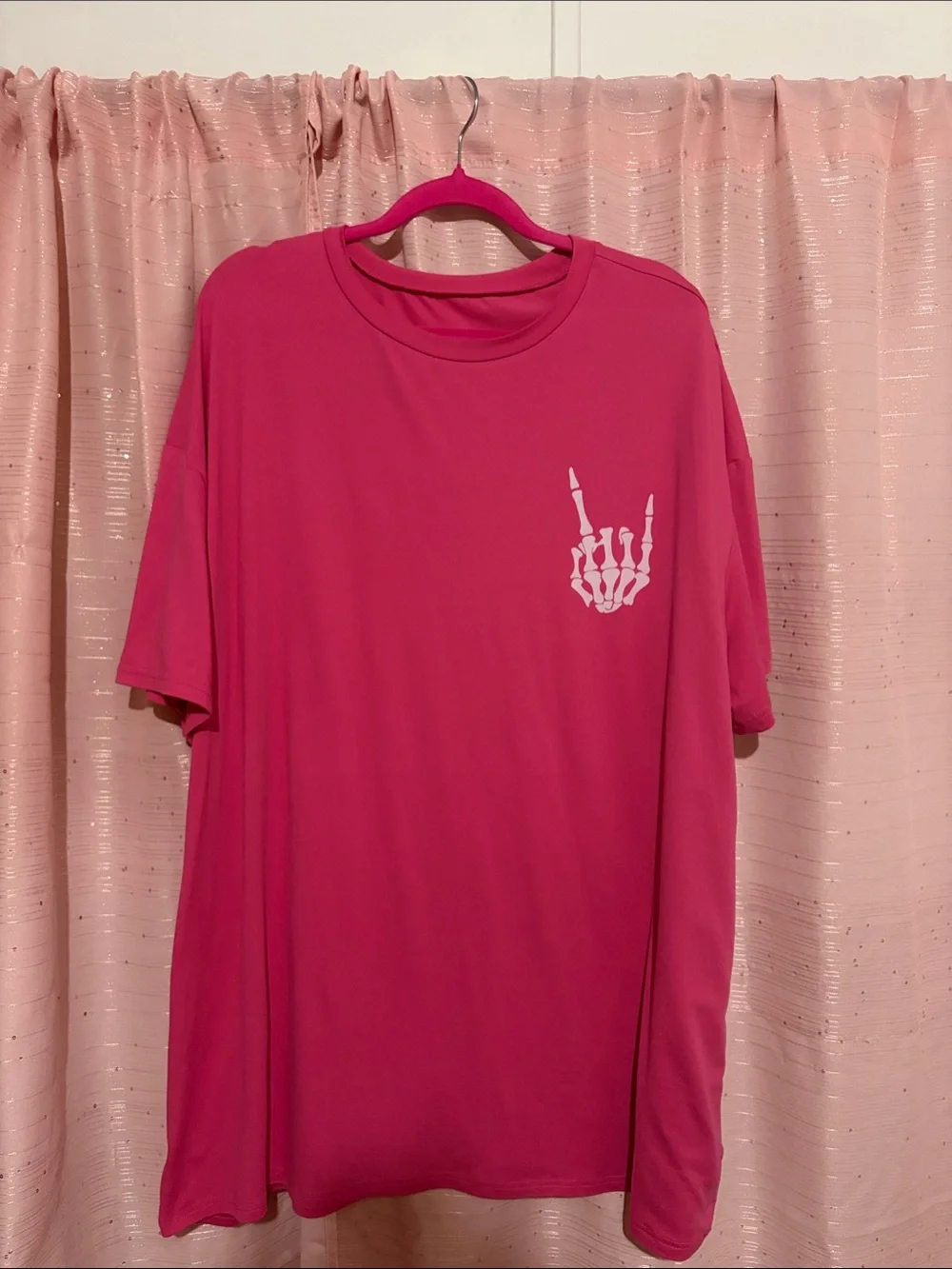 SHEIN Hot Pink Short-Sleeve Tee with White Skeleton Hand Graphic